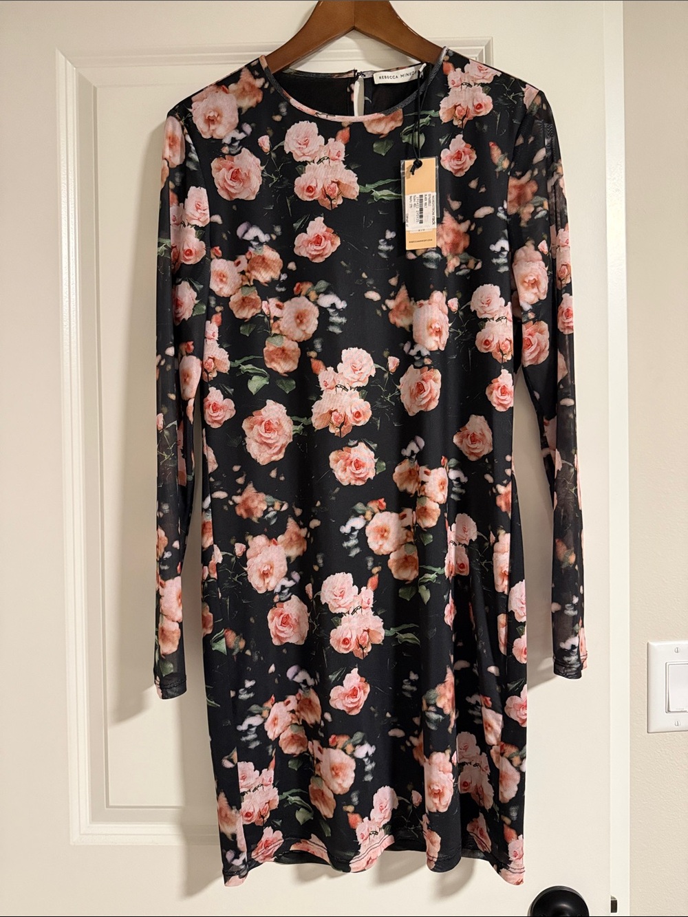 Rebecca Minkoff Black Long-Sleeve Floral Shift Dress with Pink Roses